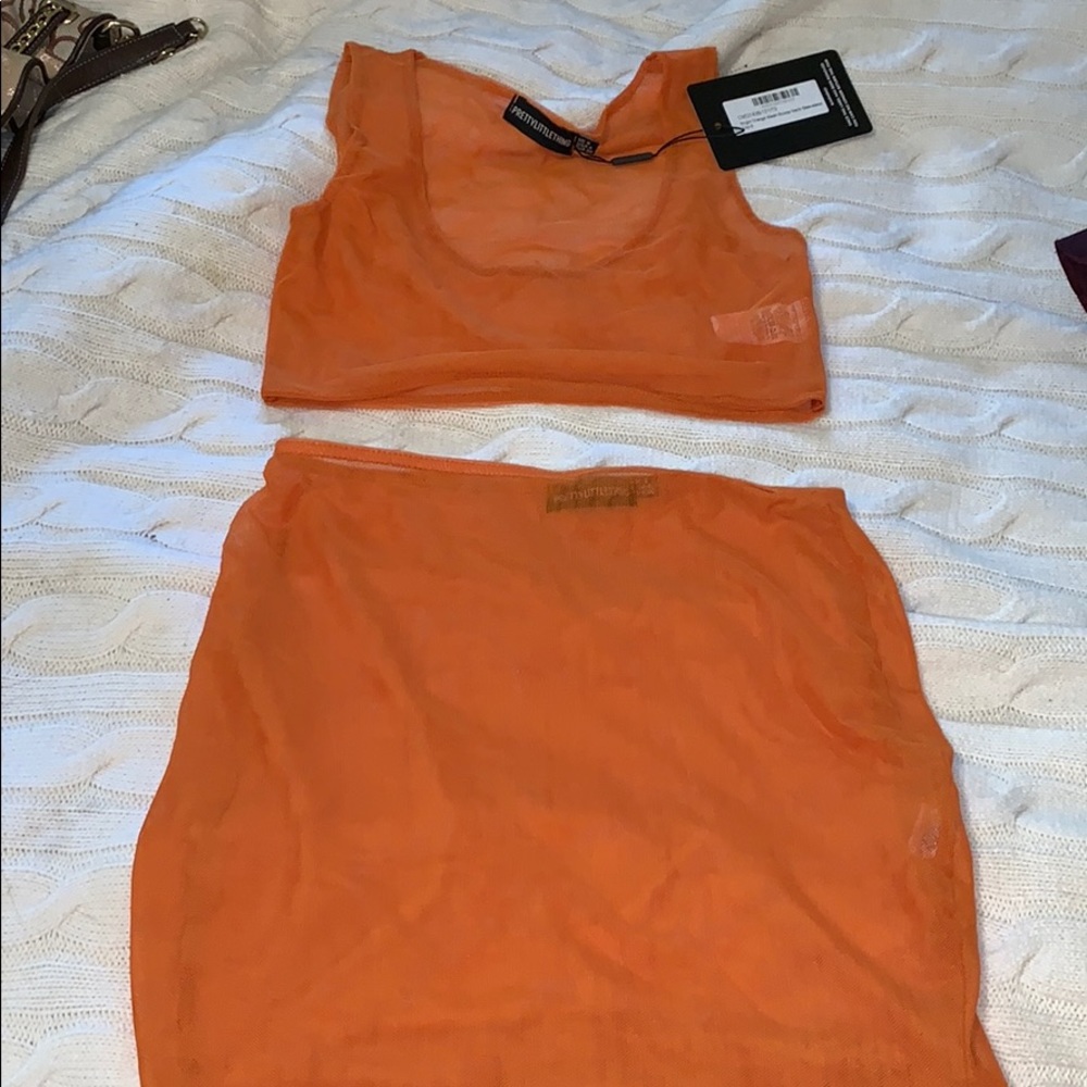 PRETTYLITTLETHING neon orange mesh set